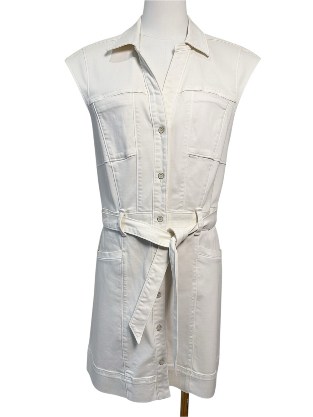 PAIGE Jaxsyn Tie Waist Cotton Blend Twill Mini Shirtdress in Quartz Sand Size 8 - Picture 4 of 14